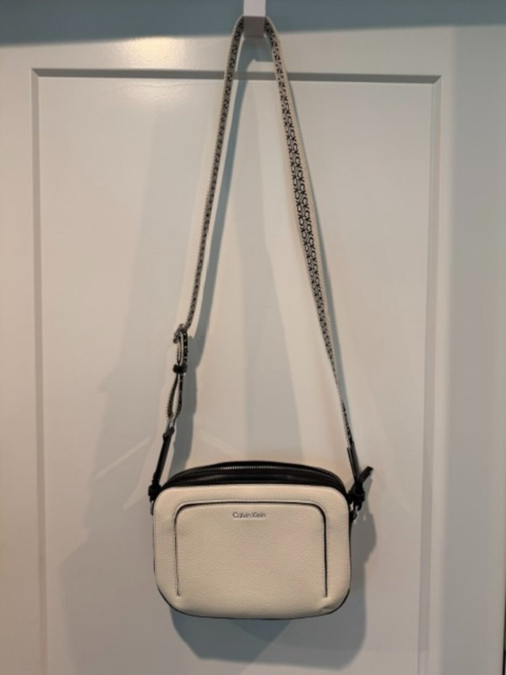 Calvin Klein Pebbled Crossbody Bag Cream Black Camera Purse